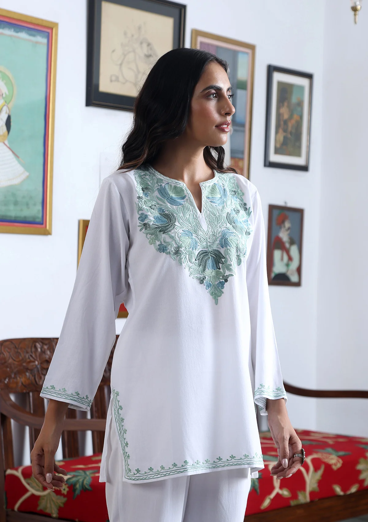 HOC Aari Embroidered Cotton Solid Women's Short Kurta - White - Healthber
