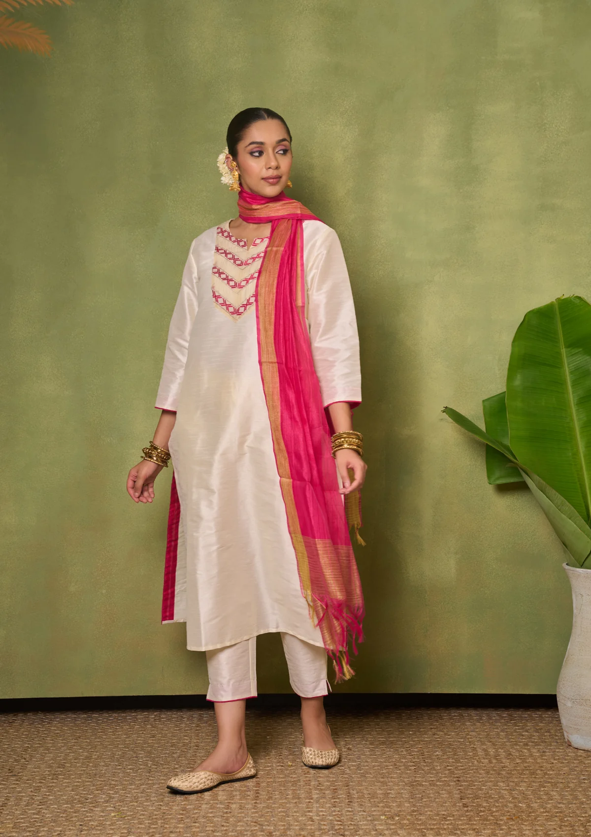 HOC Silk Blend Solid Women's 3 PC Long Kurta Set - Cream - Healthber