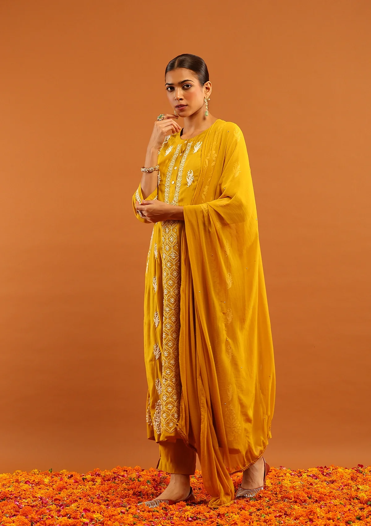 HOC Chanderi Chikankari Solid Women's 3 PC Anarkali Kurta Set-Yellow - Healthber