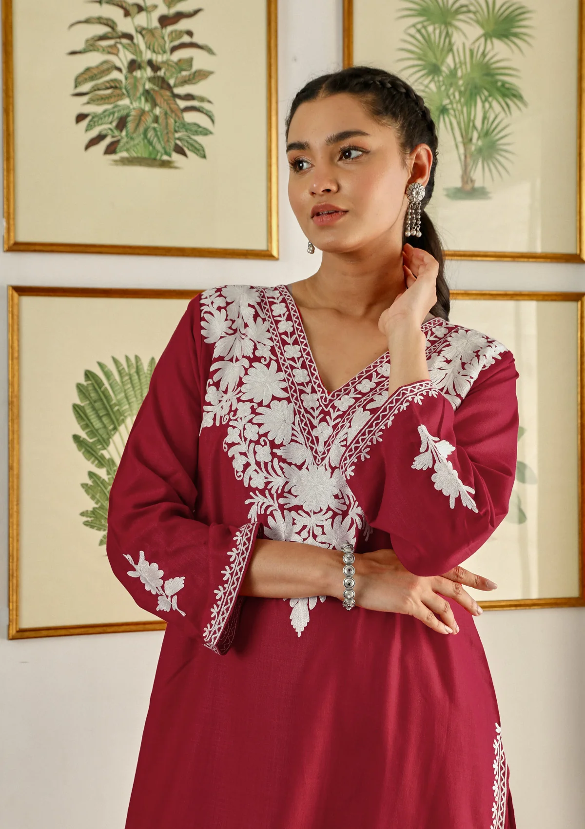 HOC Cotton Aari Embroidered Solid Women's 2 PC Long  Kurta Set - Red - Healthber