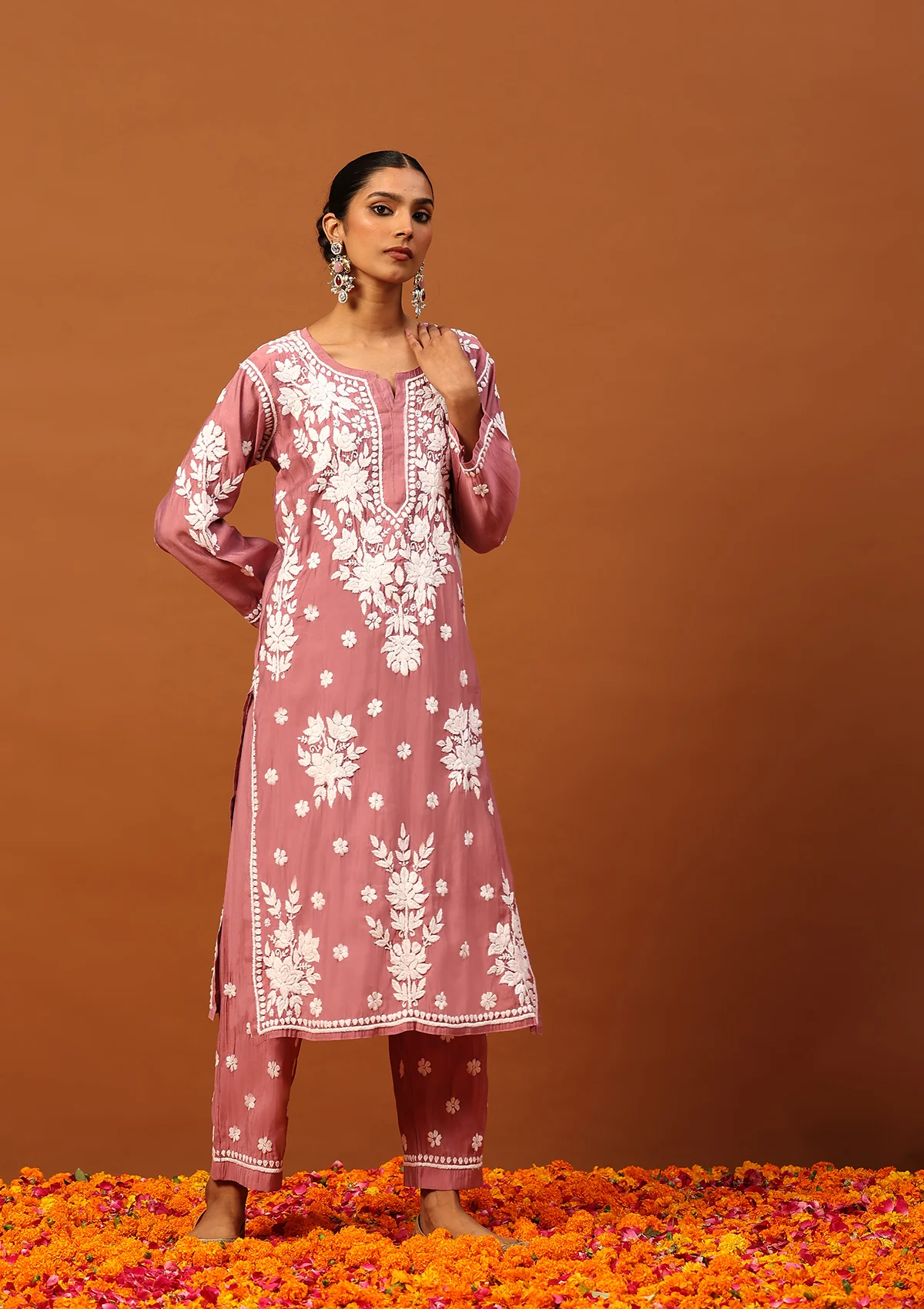 HOC Chanderi Chikankari Solid Women's 2 PC Long Kurta Set -Mauve - Healthber