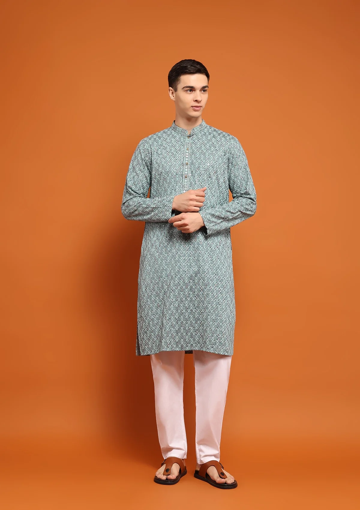 HOC Rayon Embroidered With Sequins Solid Men's Long Kurta- Seafoam Green - Healthber