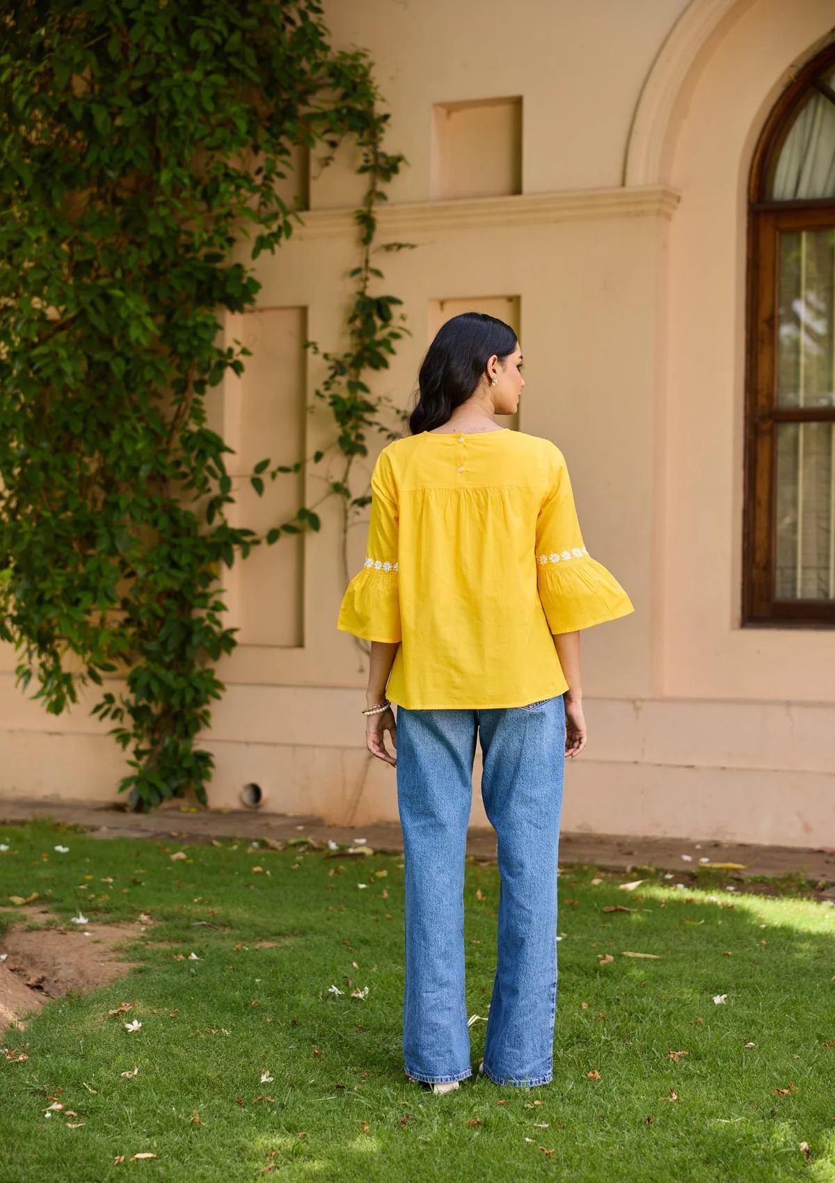 HOC Cotton Chikankari Solid Women's Top - Yellow - Healthber