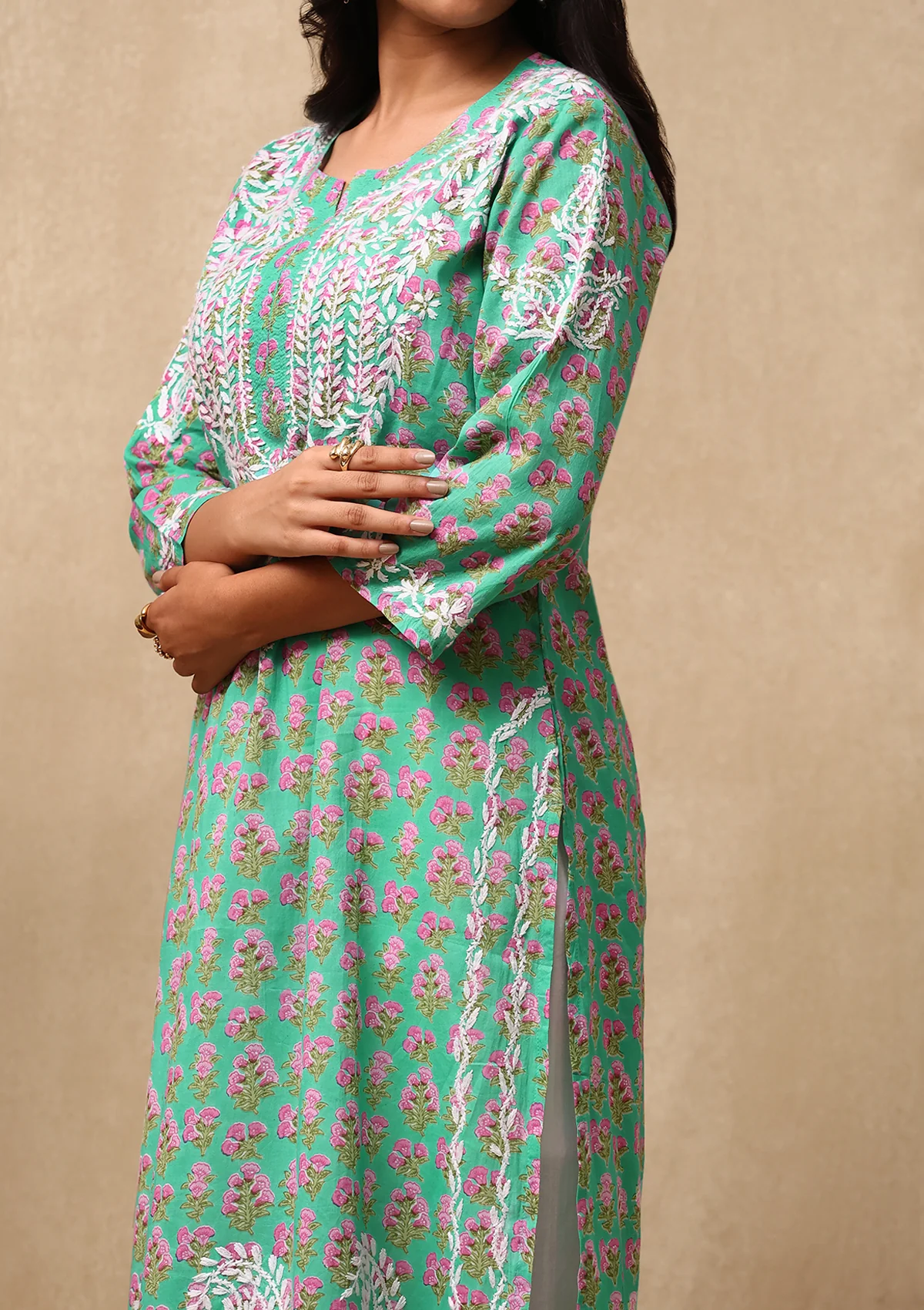HOC Cotton Chikankari Printed Women's Long Kurta - Green - Healthber