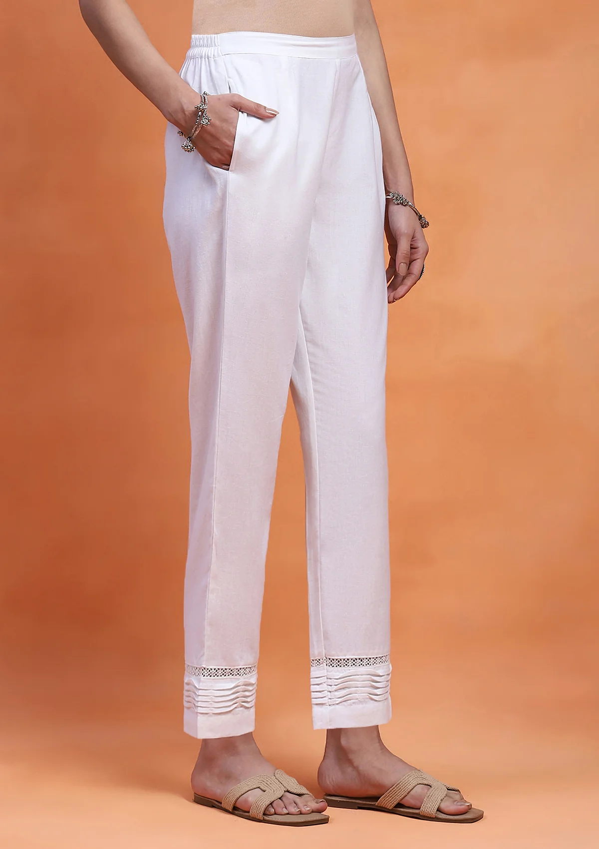 HOC Cotton Loom Solid Women's Pintuck Pants with Lace - White - Healthber