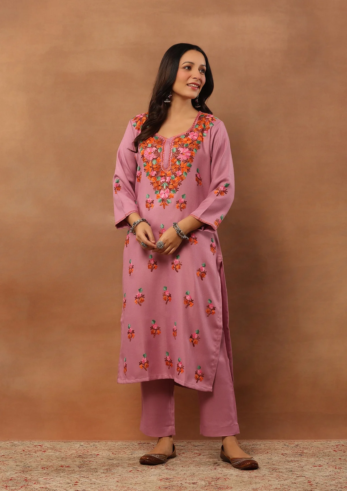 HOC Woollen Aari Embroidered Solid Women's 2 PC Long Kurta Set - Lavender - Healthber