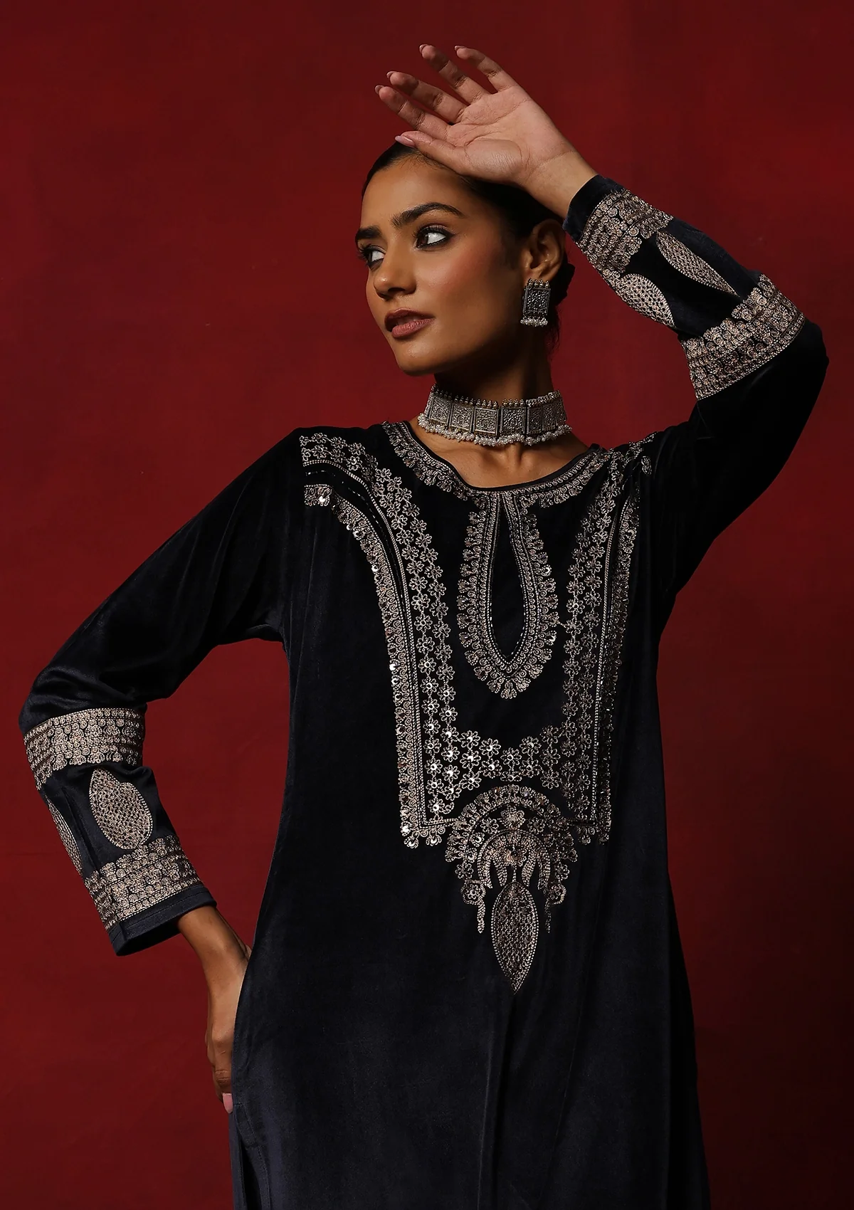 HOC Velvet Embroidered & Embellished Solid Women's 3 PC Kurta Set- Navy Blue - Healthber