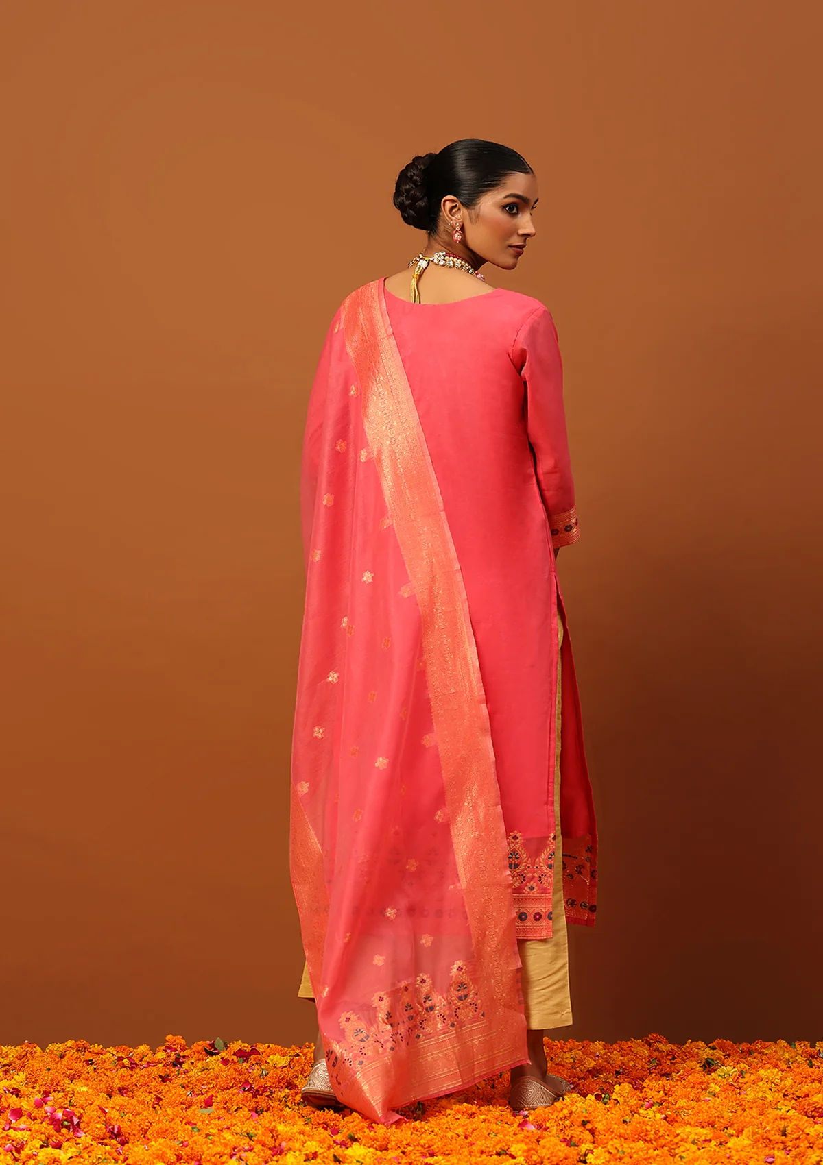 HOC Banarasi Chanderi Hand Weave Women's 3PC Long Kurta Set -Pink - Healthber