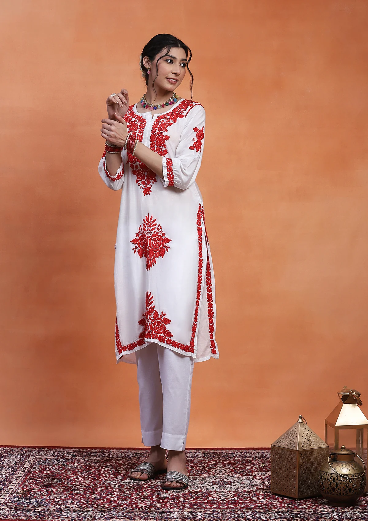 HOC Chanderi Chikankari Solid Women's Long Kurta  - White - Healthber