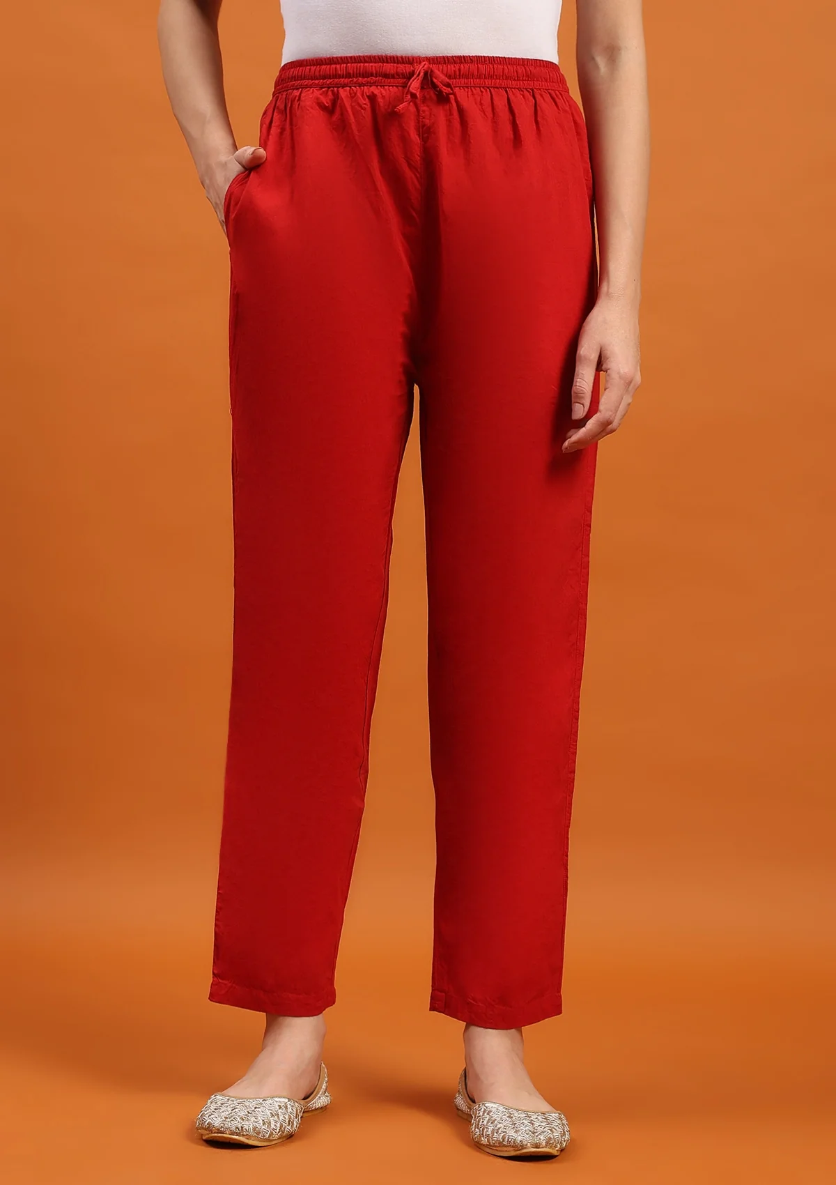 HOC Cotton Solid Women's Pants - Red - Healthber