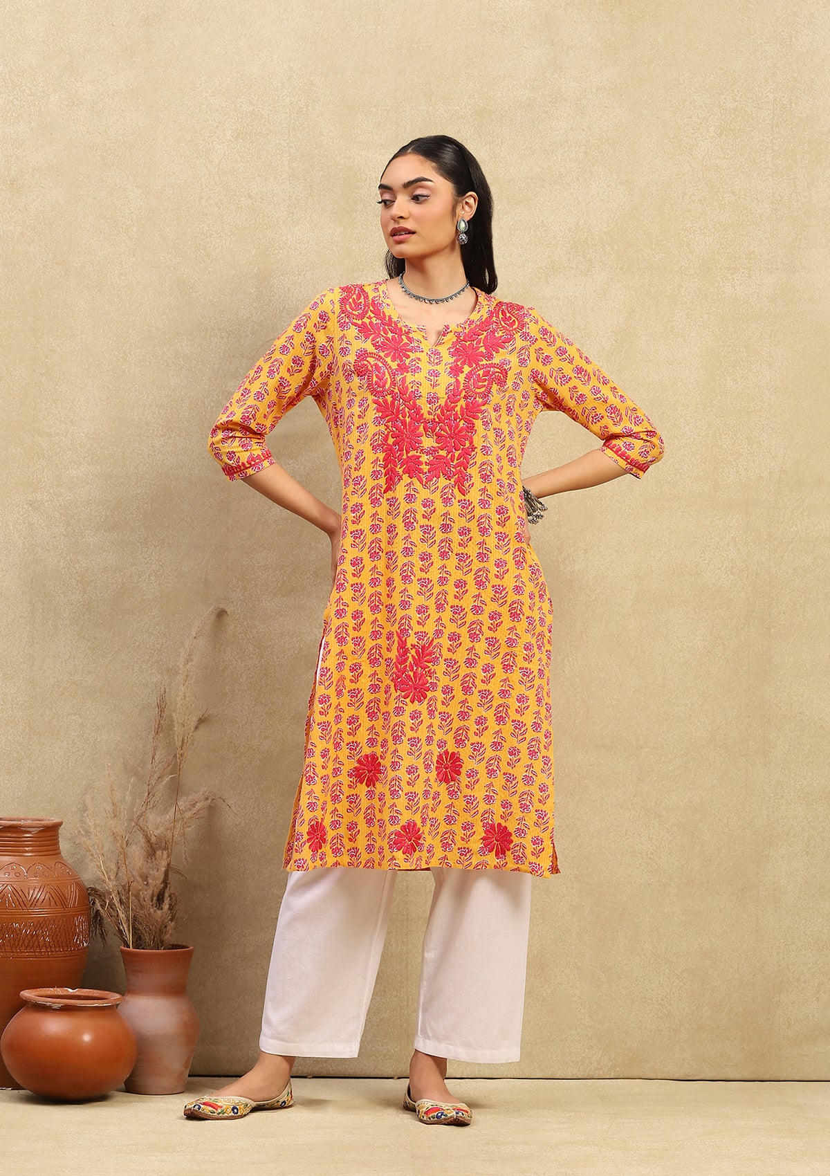 HOC Cotton Chikankari Printed Women's Long Kurta - Mustard Yellow - Healthber