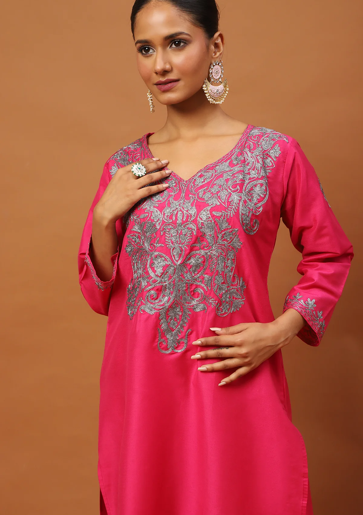 HOC Art Silk Embroidered Zari Solid Women's 2 PC Knee Kurta Set - Magenta - Healthber