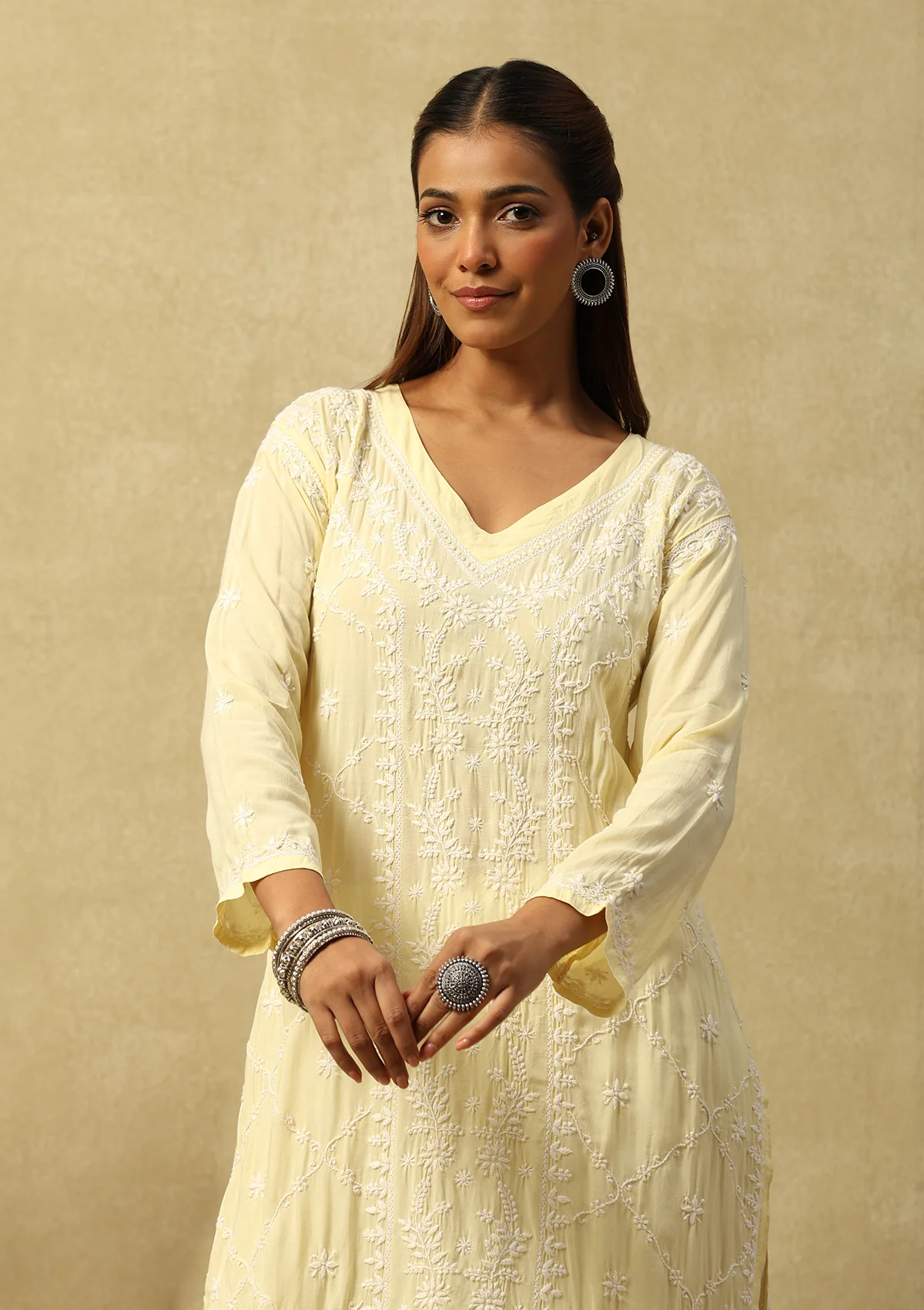 HOC Modal Chikankari Solid Women's Long Kurta -Pastel Yellow - Healthber