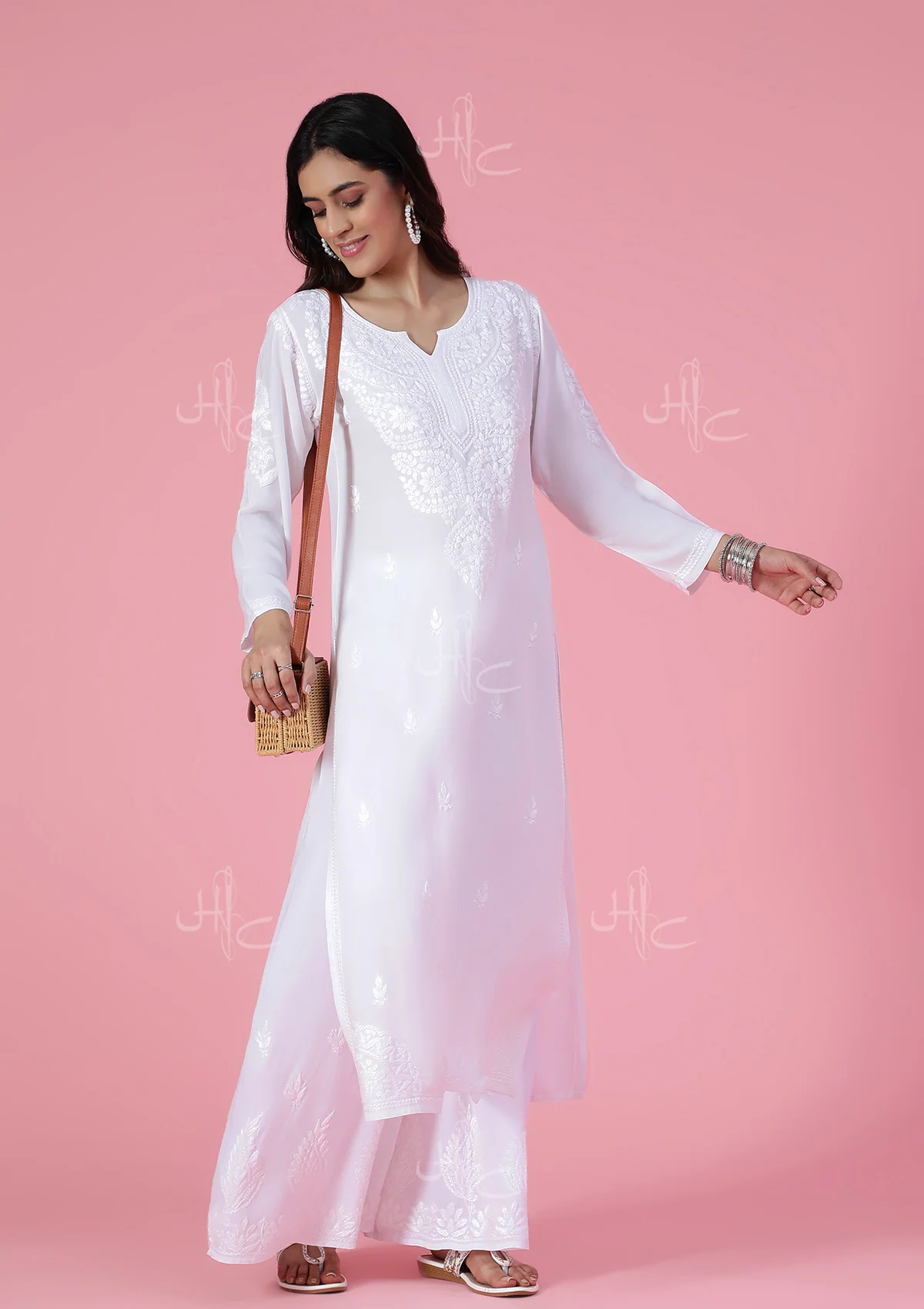 HOC Rayon Chikankari Solid Women's Long Kurta - White - Healthber