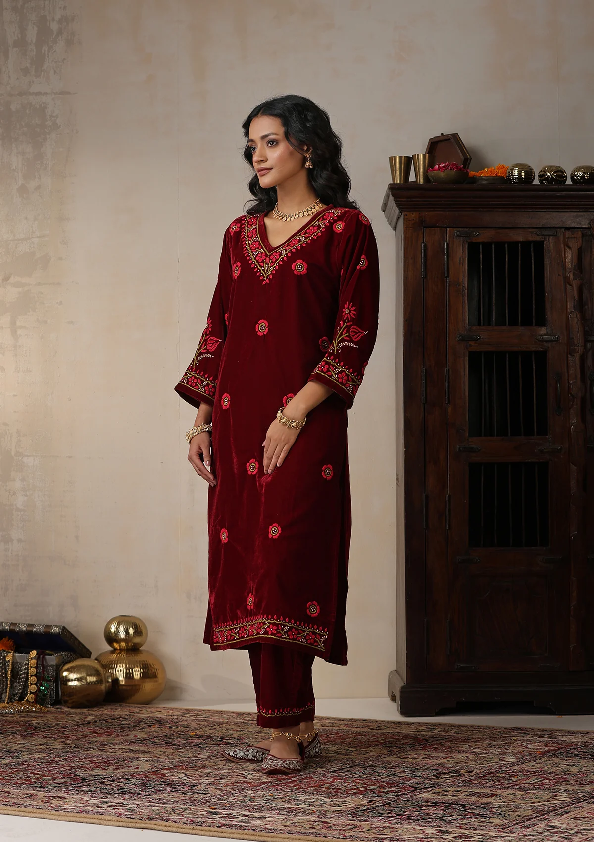 HOC Velvet Chikankari Solid Women's 2 PC Long Kurta Set - Maroon - Healthber
