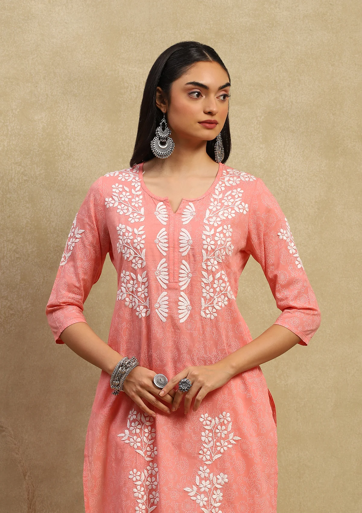 HOC Cotton Chikankari Printed Women's Long Kurta - Peach - Healthber