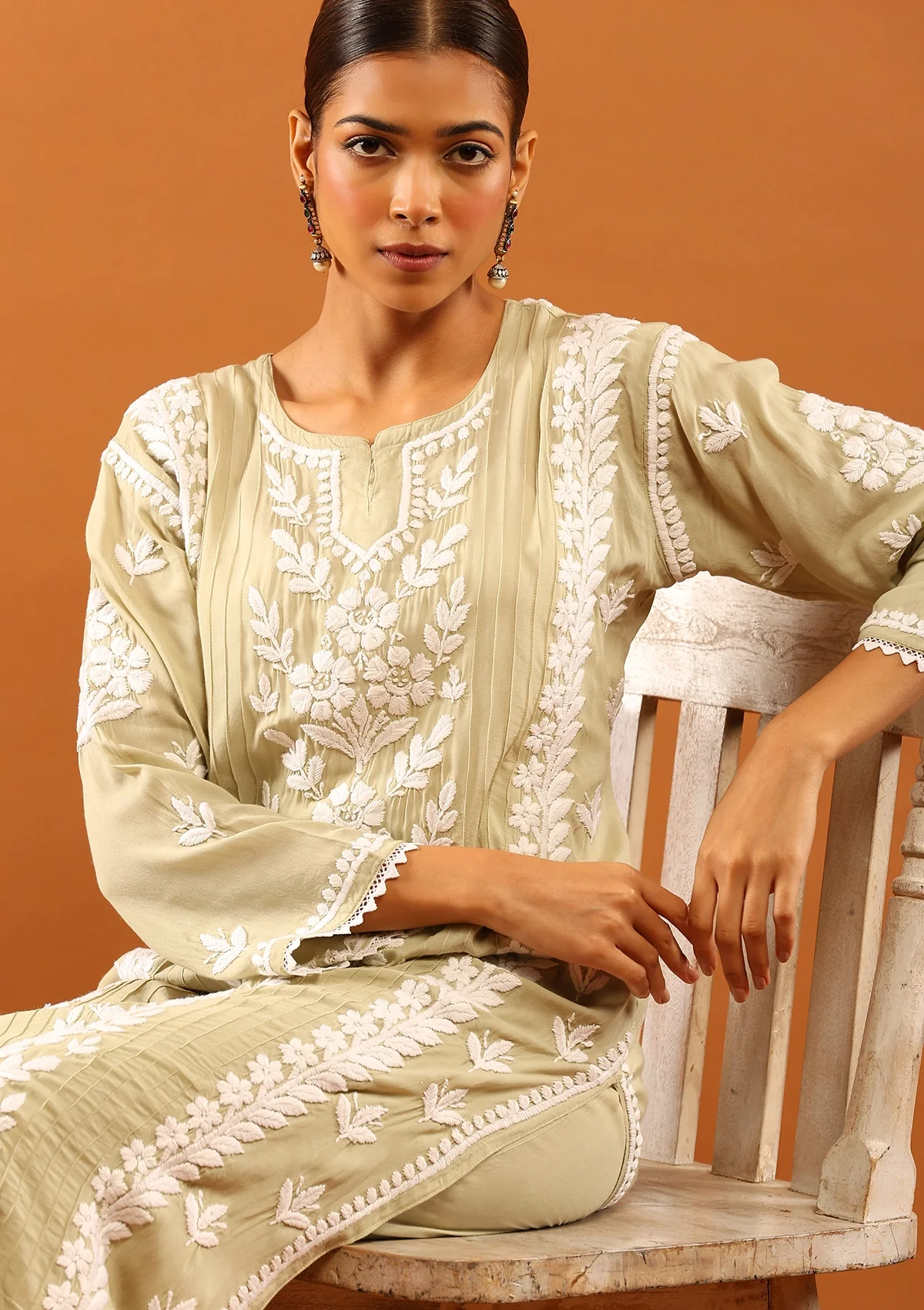 HOC Modal Chikankari Solid Women's 2 PC Long Kurta Set With Lace -Pista Green - Healthber