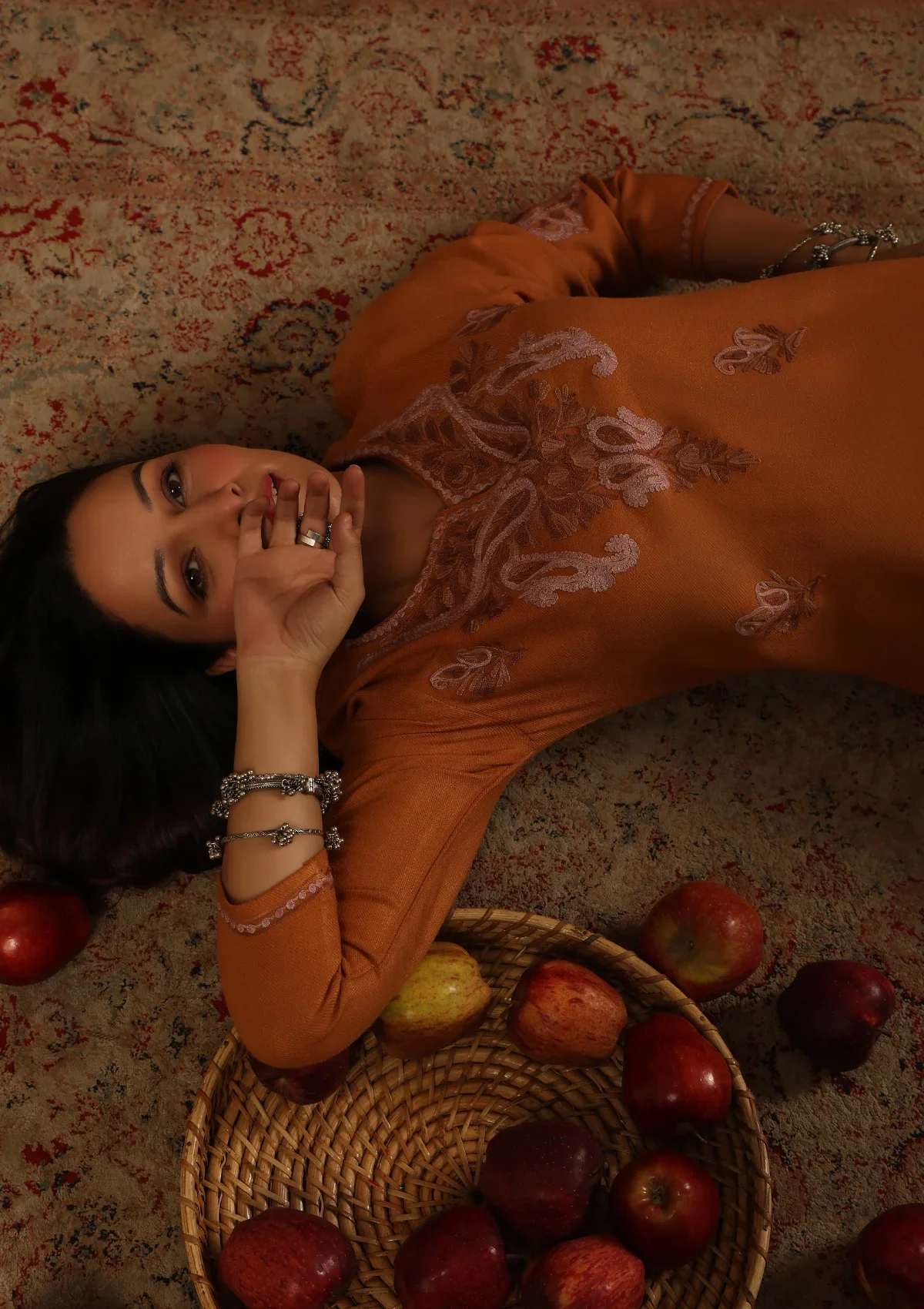 HOC Aari Embroidered Woollen Solid Women's Long Kurta - Rust - Healthber