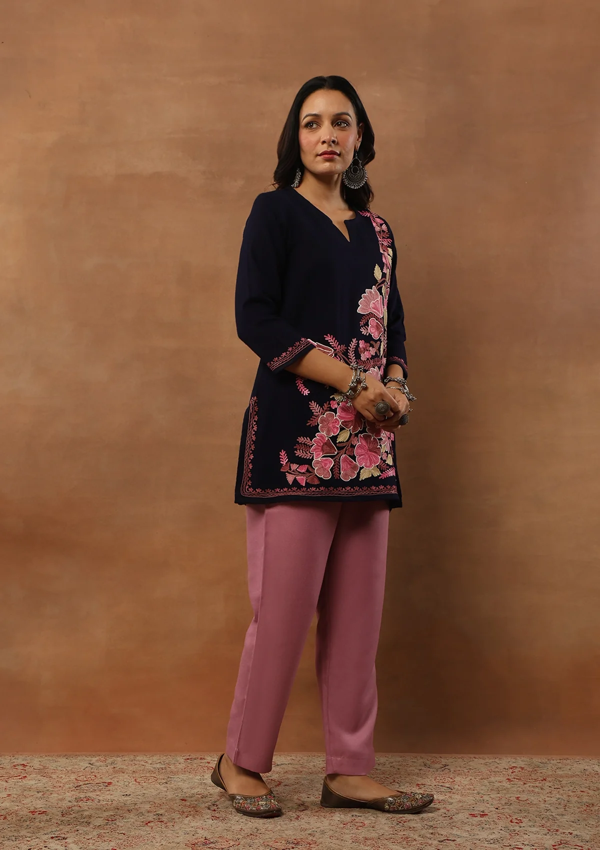 HOC Aari Embroidered Woollen Solid Women's Short Kurta - Navy Blue - Healthber