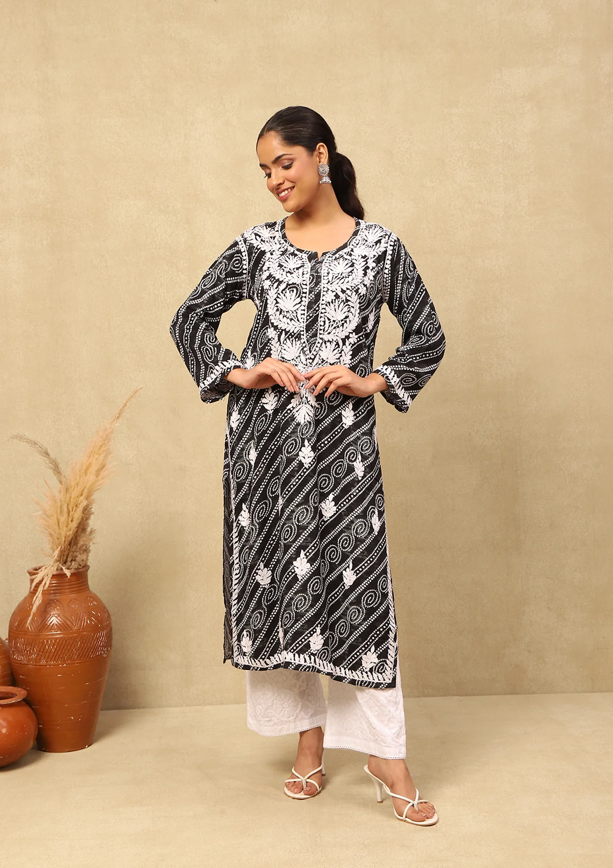 HOC Rayon Chikankari Bandhani Printed Women's Long Kurta-Black - Healthber
