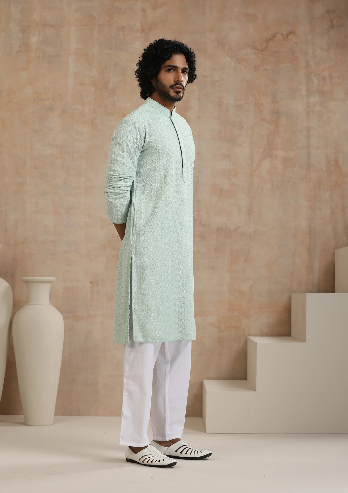 HOC Rayon Schiffli Solid Men's Long Kurta- Green - Healthber
