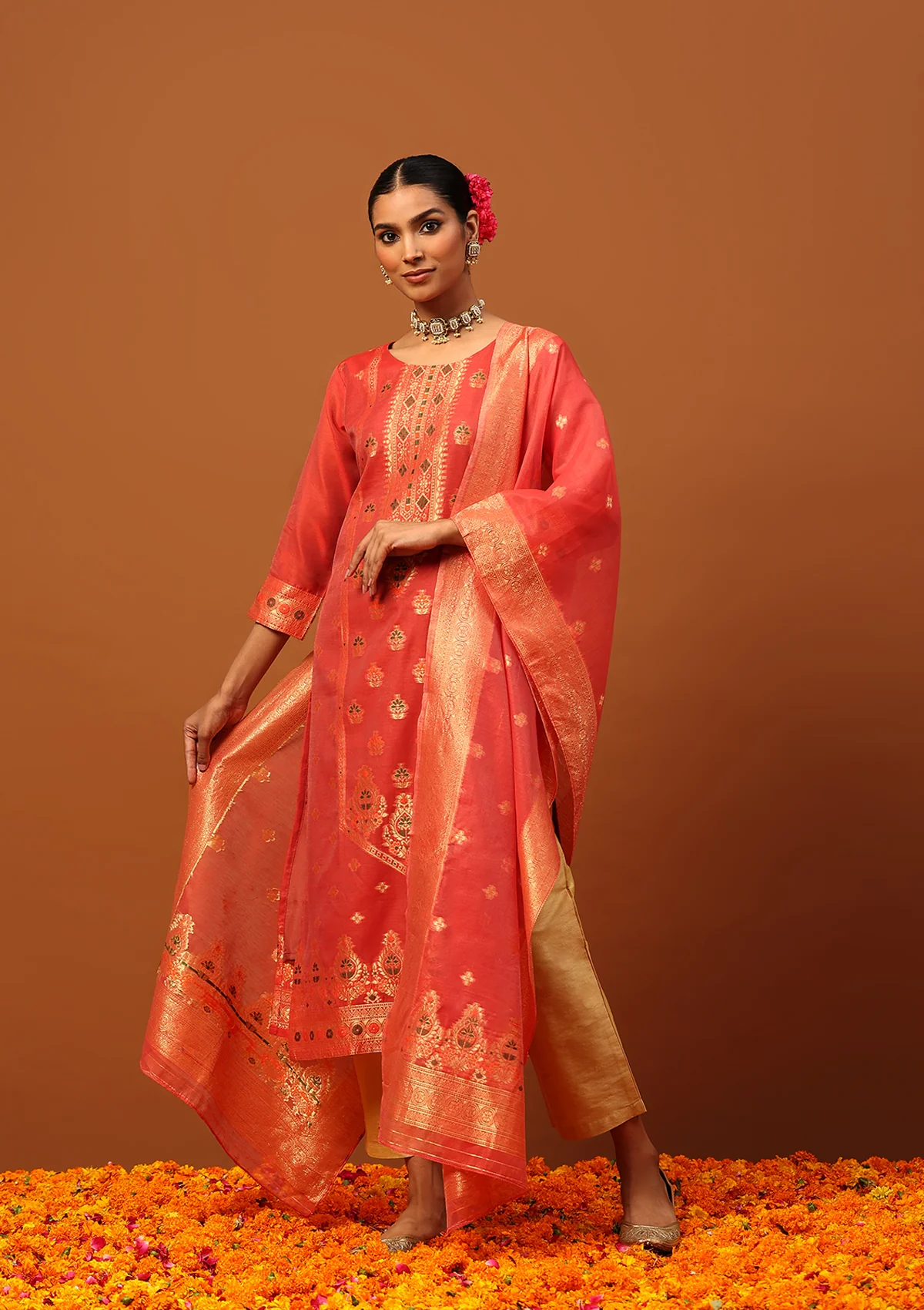 HOC Banarasi Chanderi Hand Weave & Hand Embellished Women's 3PC Long Kurta Set -Red - Healthber