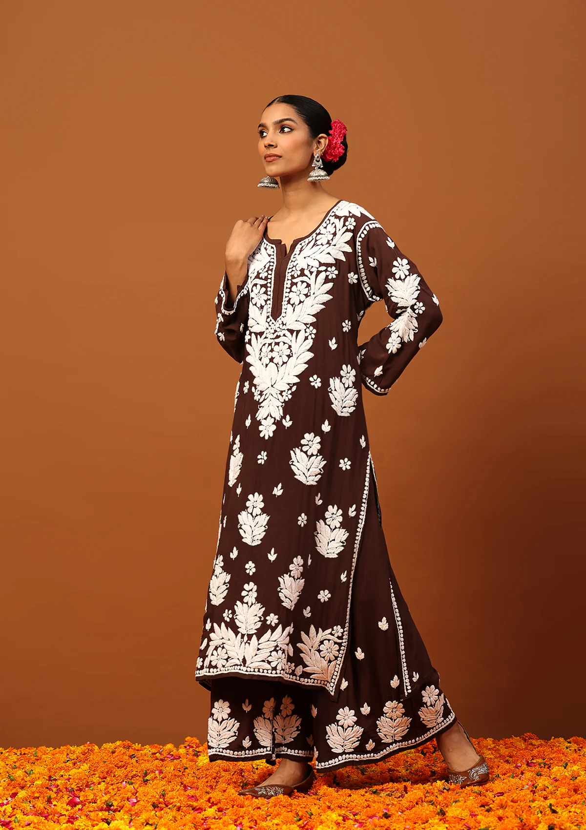 HOC Modal Chikankari Solid Women's 2 PC Long Kurta Set -Brown - Healthber