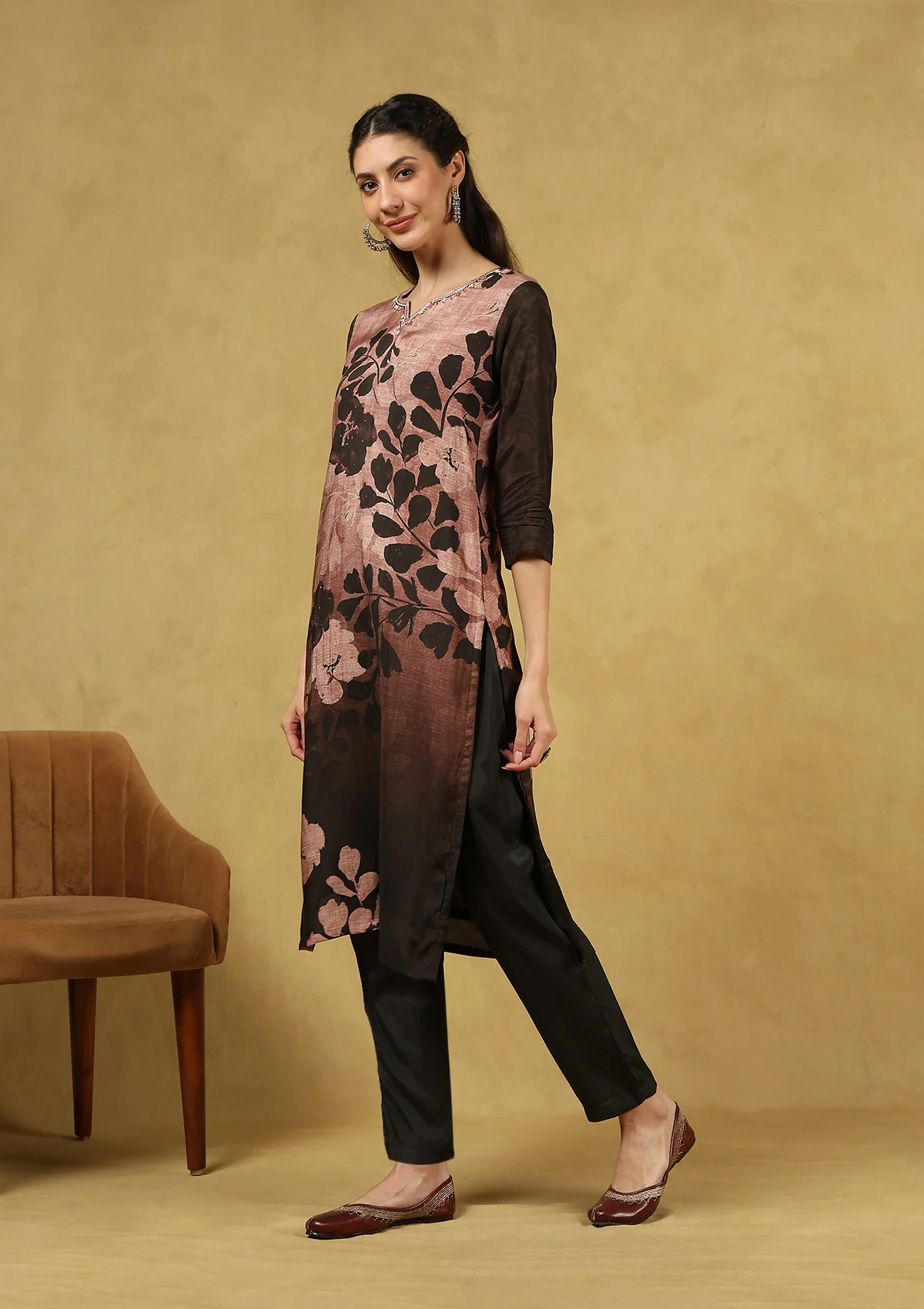HOC Hand Embellished Muslin Printed Women's 3 PC Long Kurta Set with Dupatta - Black - Healthber
