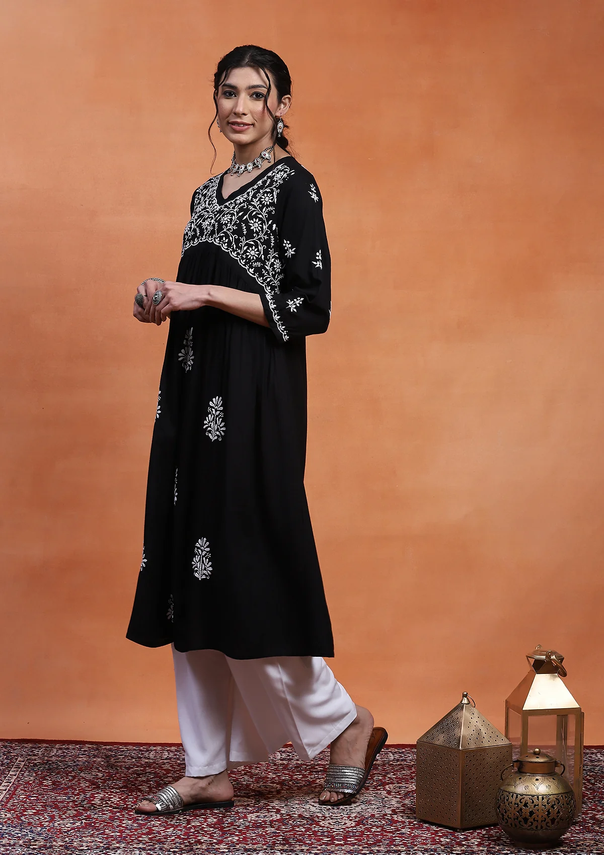 HOC Rayon Chikankari Solid Women's Long Kurta  - Black - Healthber