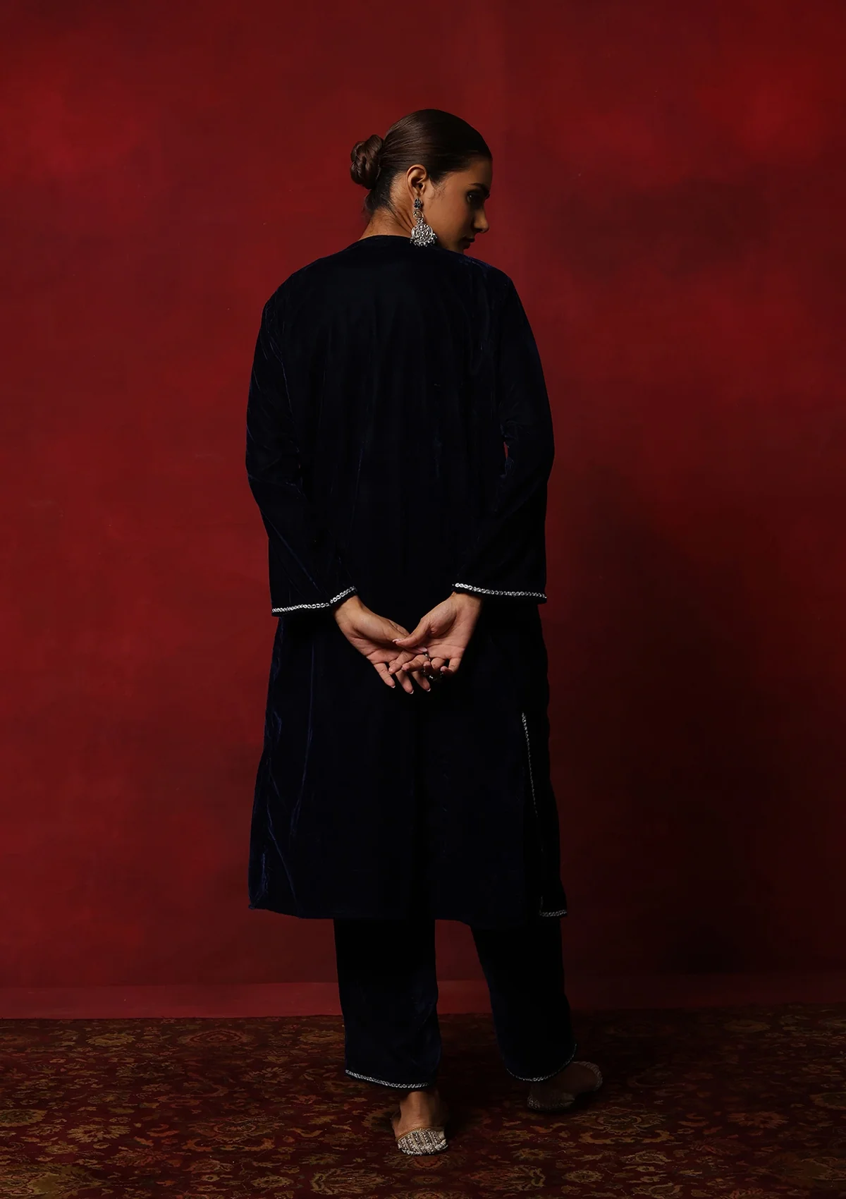 HOC Kashmiri Velvet Tilla Embroidered Solid Women's 2 PC Phiran Set -Navy Blue - Healthber