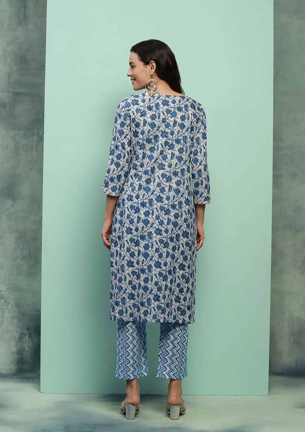 HOC Cotton Printed Women's 2 PC Long Kurta Set - Blue - Healthber