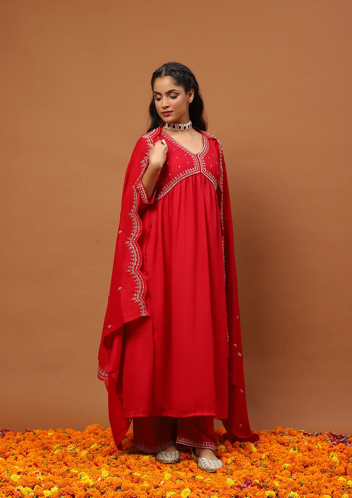 HOC Silk Blend Zari Embroidered Solid Women's 3 PC A-Line Kurta Set-Red - Healthber