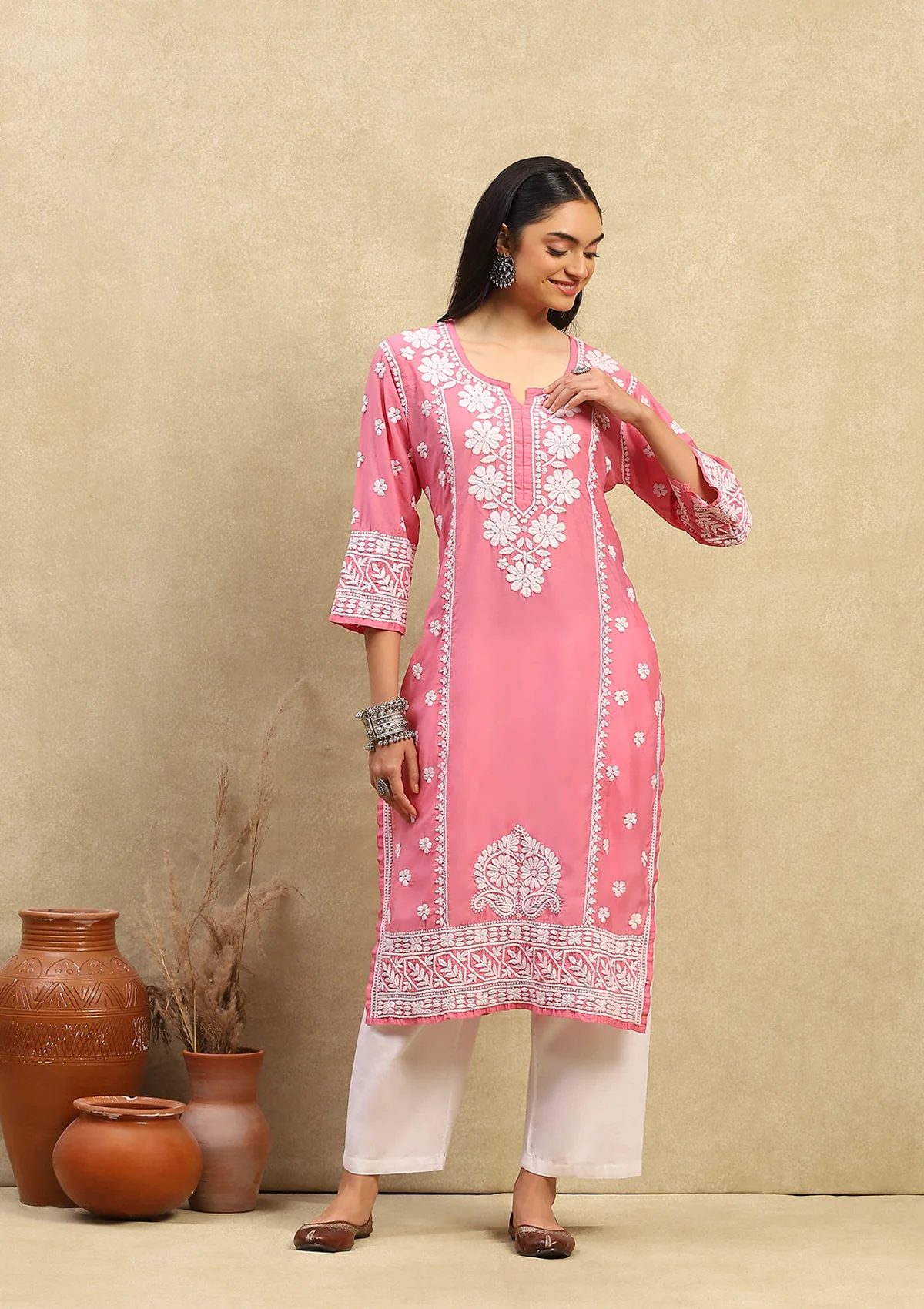 HOC Chanderi Chikankari Solid Women's Long Kurta - Pink - Healthber
