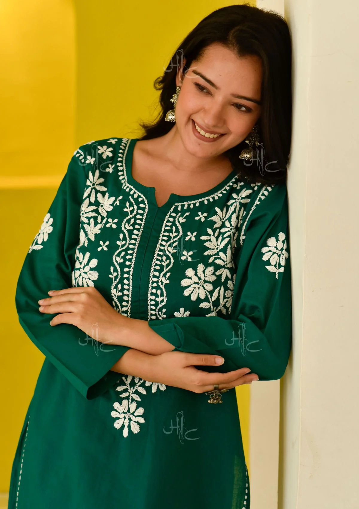 HOC Juhaina Chikankari Cotton Straight Set (Teal Green) - Healthber