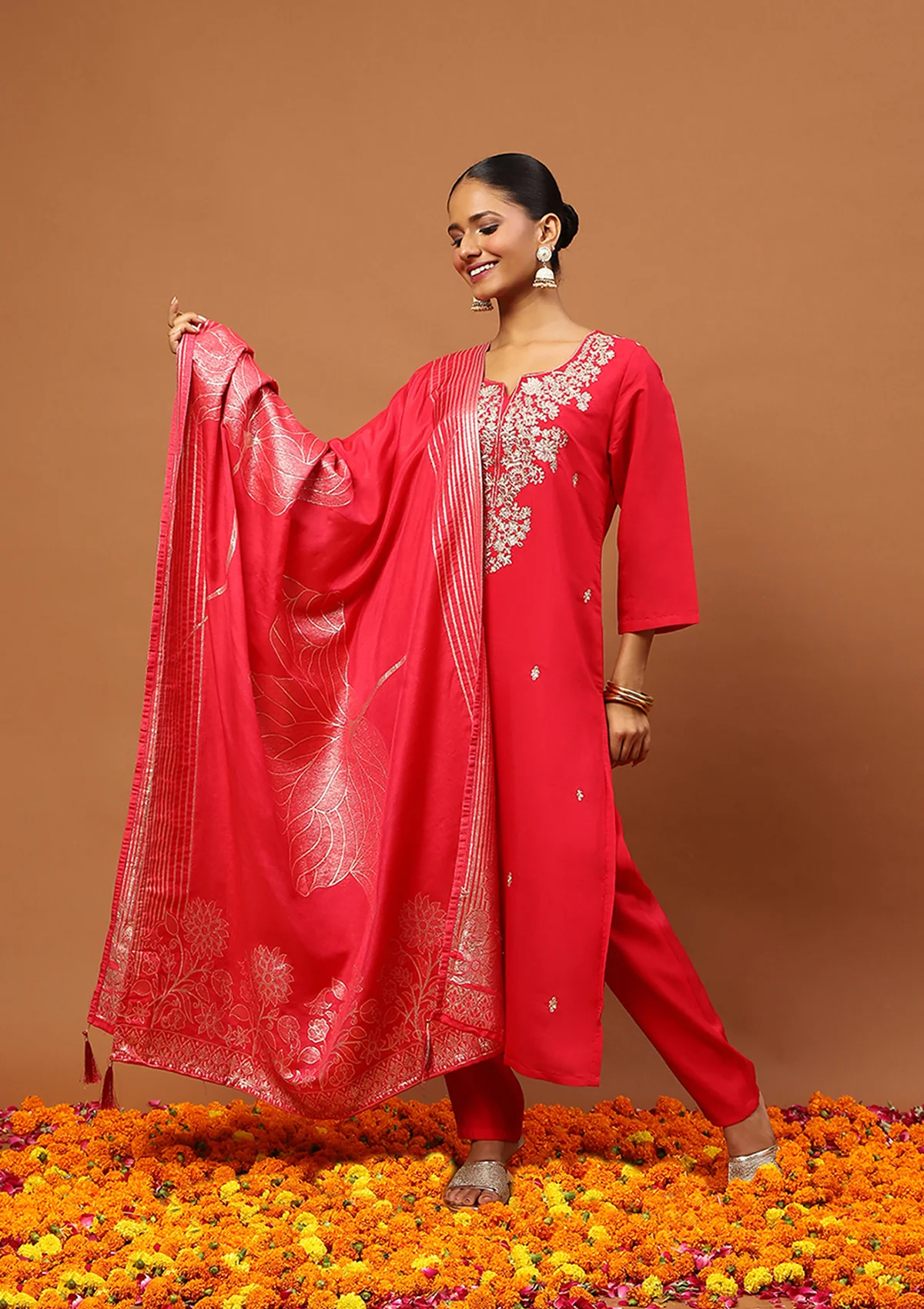 HOC Silk Blend Zari Embroidered With Sequins Solid Women's 3 PC Straight Kurta Set-Rose Pink - Healthber