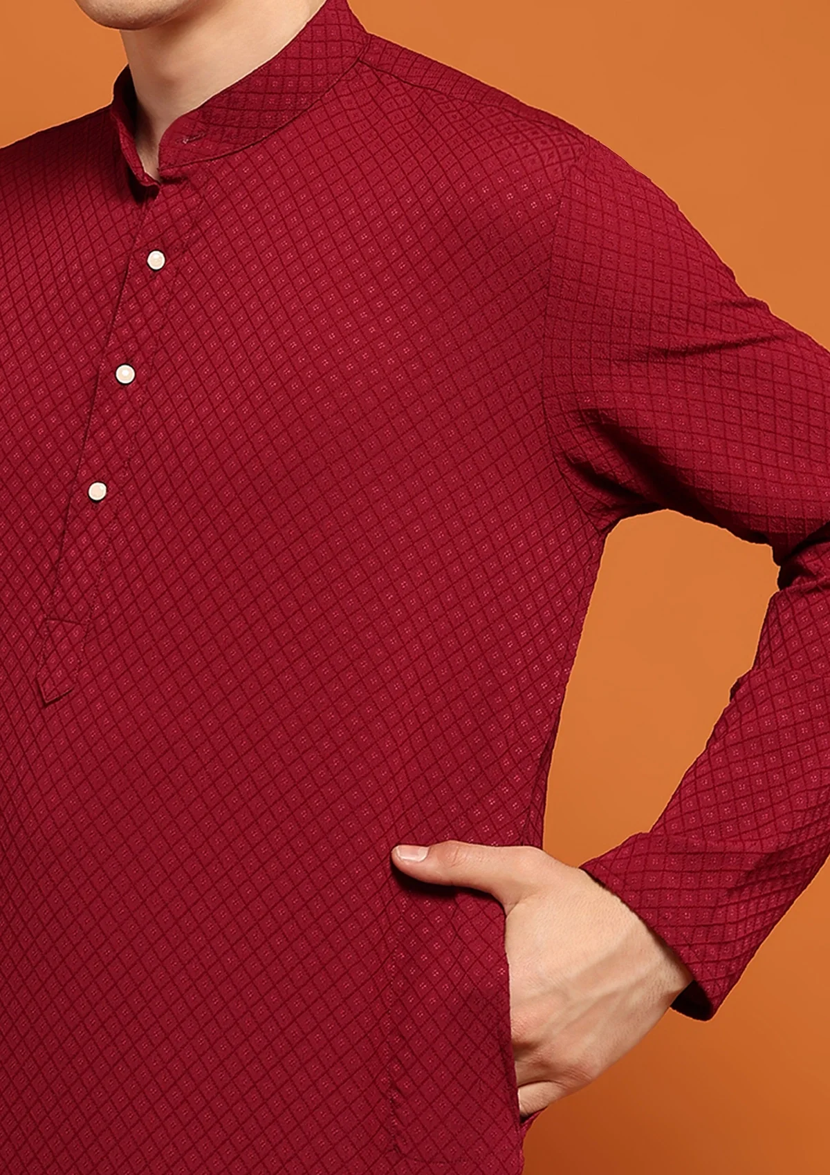 HOC Dobby Textured Solid Men's Long Kurta - Maroon - Healthber