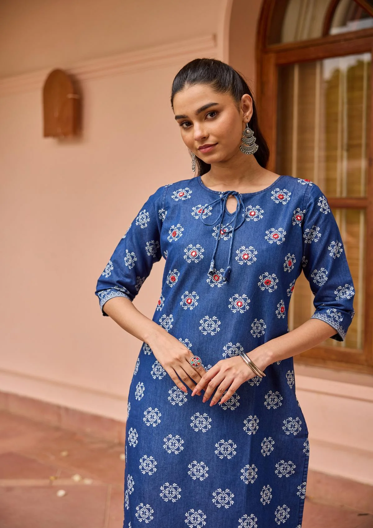HOC Mirror Work Denim Printed Women's Straight Kurta - Blue - Healthber