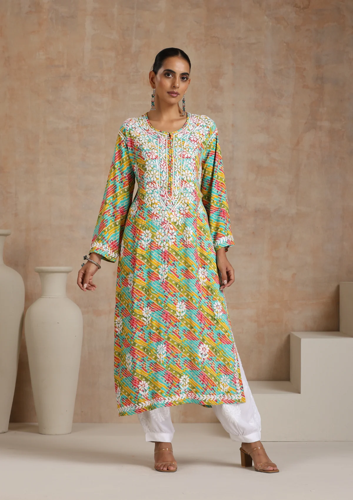 HOC Rayon Chikankari Printed Women's Long Kurta - Dark Green - Healthber