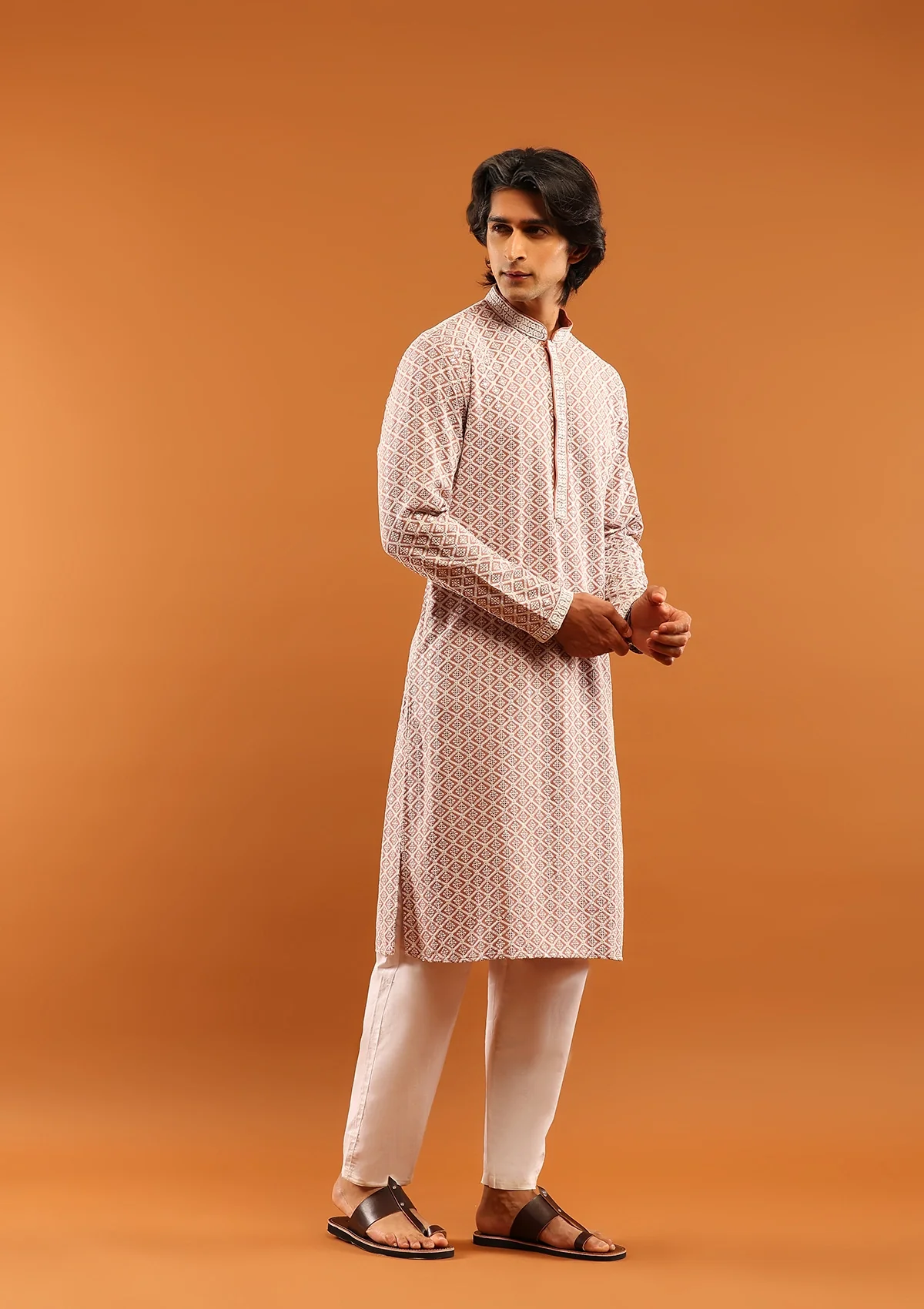HOC Rayon Embroidered With Sequins Solid Men's Long Kurta- Dusty Pink - Healthber