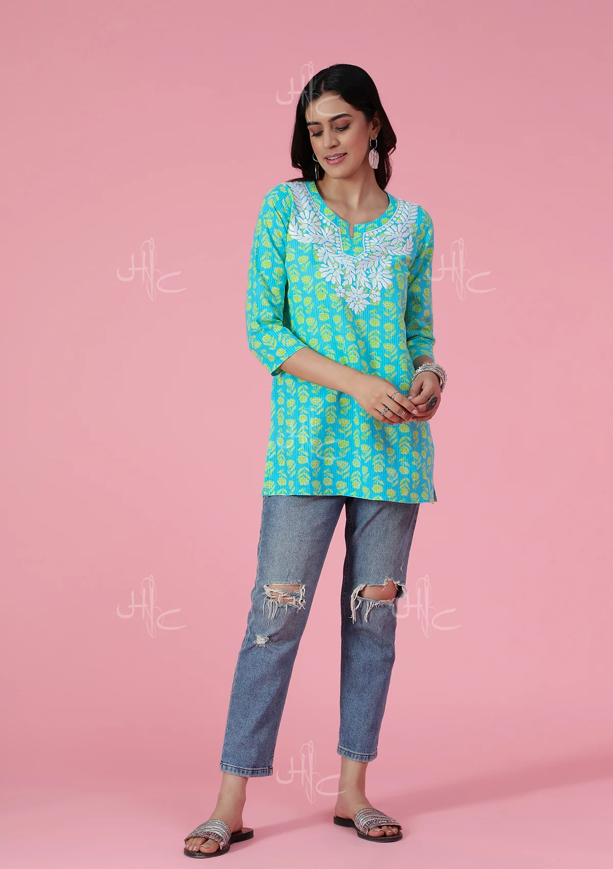 HOC Kantha Cotton Chikankari Printed Women's Short Kurta - Blue - Healthber