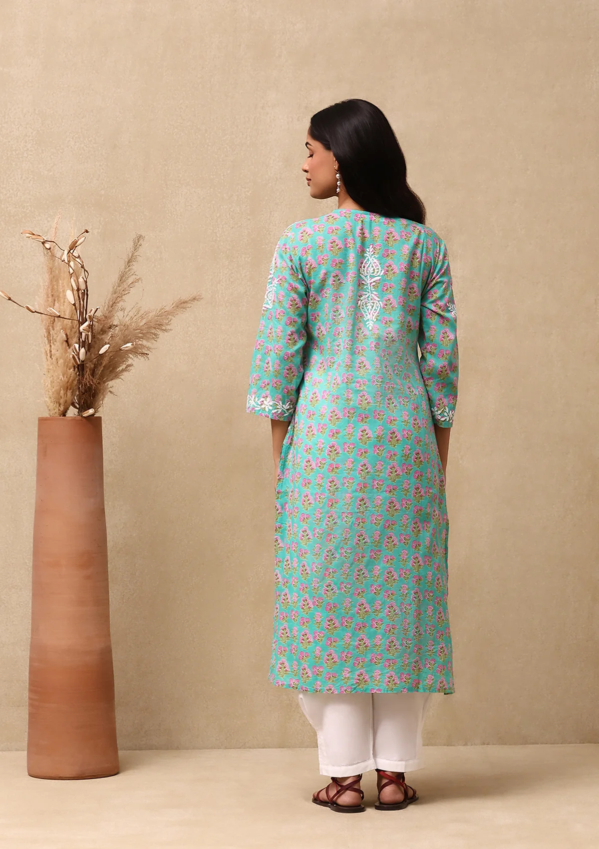 HOC Cotton Chikankari Printed Women's Long Kurta - Green - Healthber