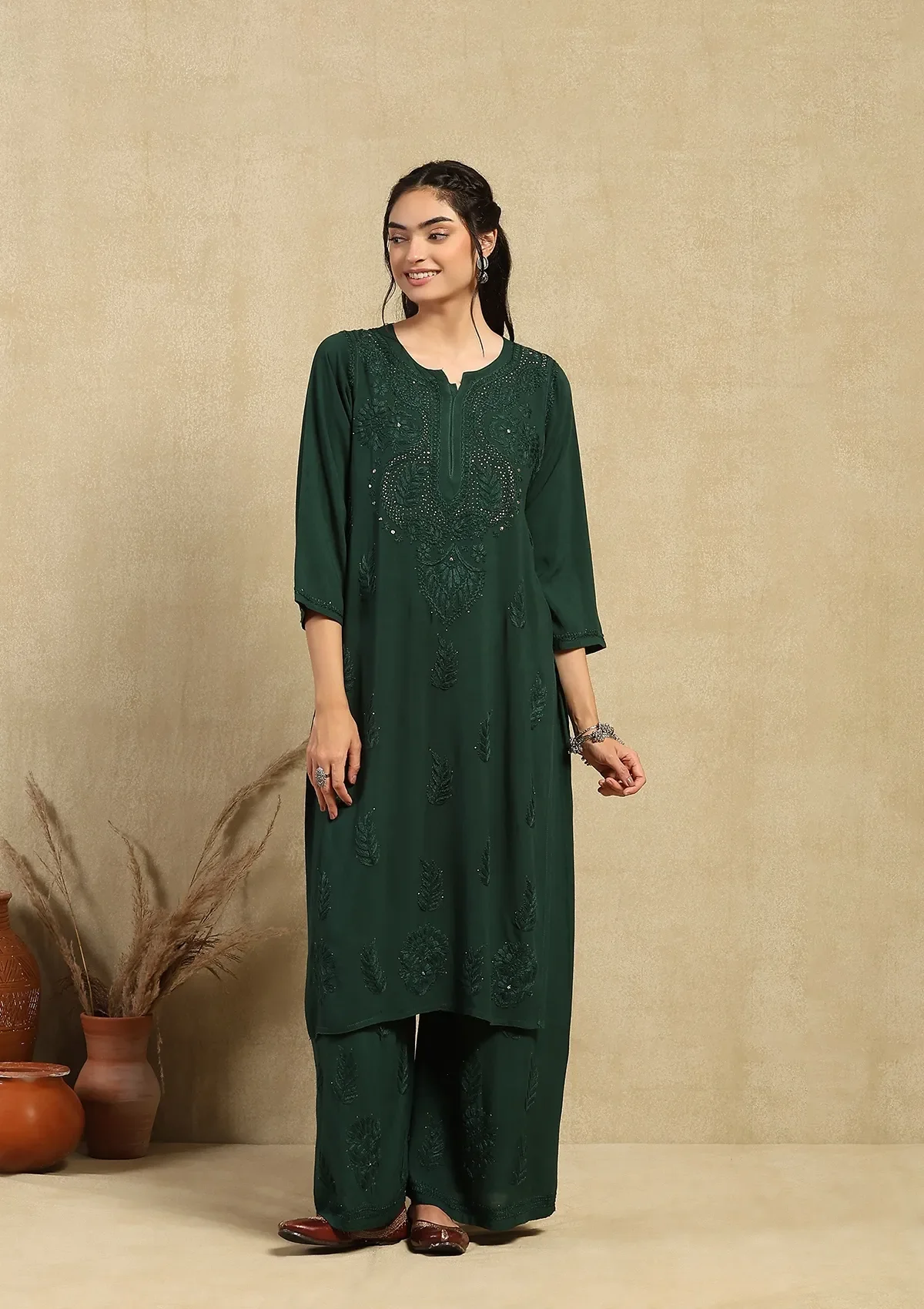 HOC Rayon Chikankari Mukaish Solid Women's 2PC Long Kurta Set - Dark Green - Healthber