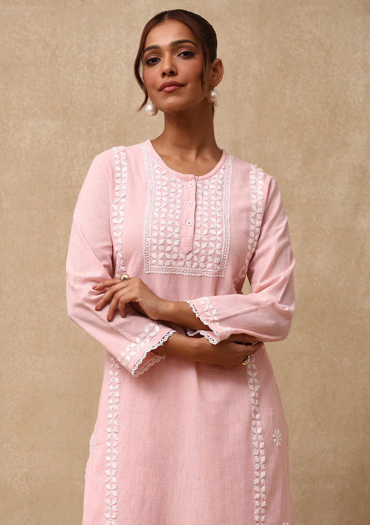 HOC Cotton Linen Blend Chikankari Solid Women's 2PC Long Kurta Set - Peach - Healthber