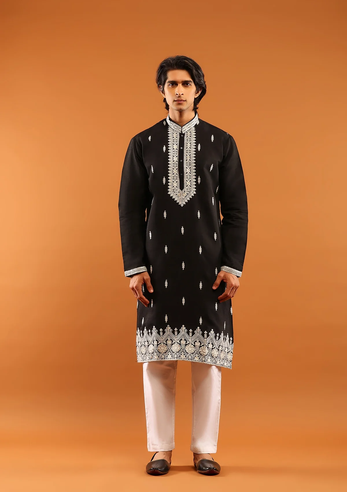 HOC Poly Silk Zari Embroidered With Sequins Solid Men's Long Kurta- Black - Healthber