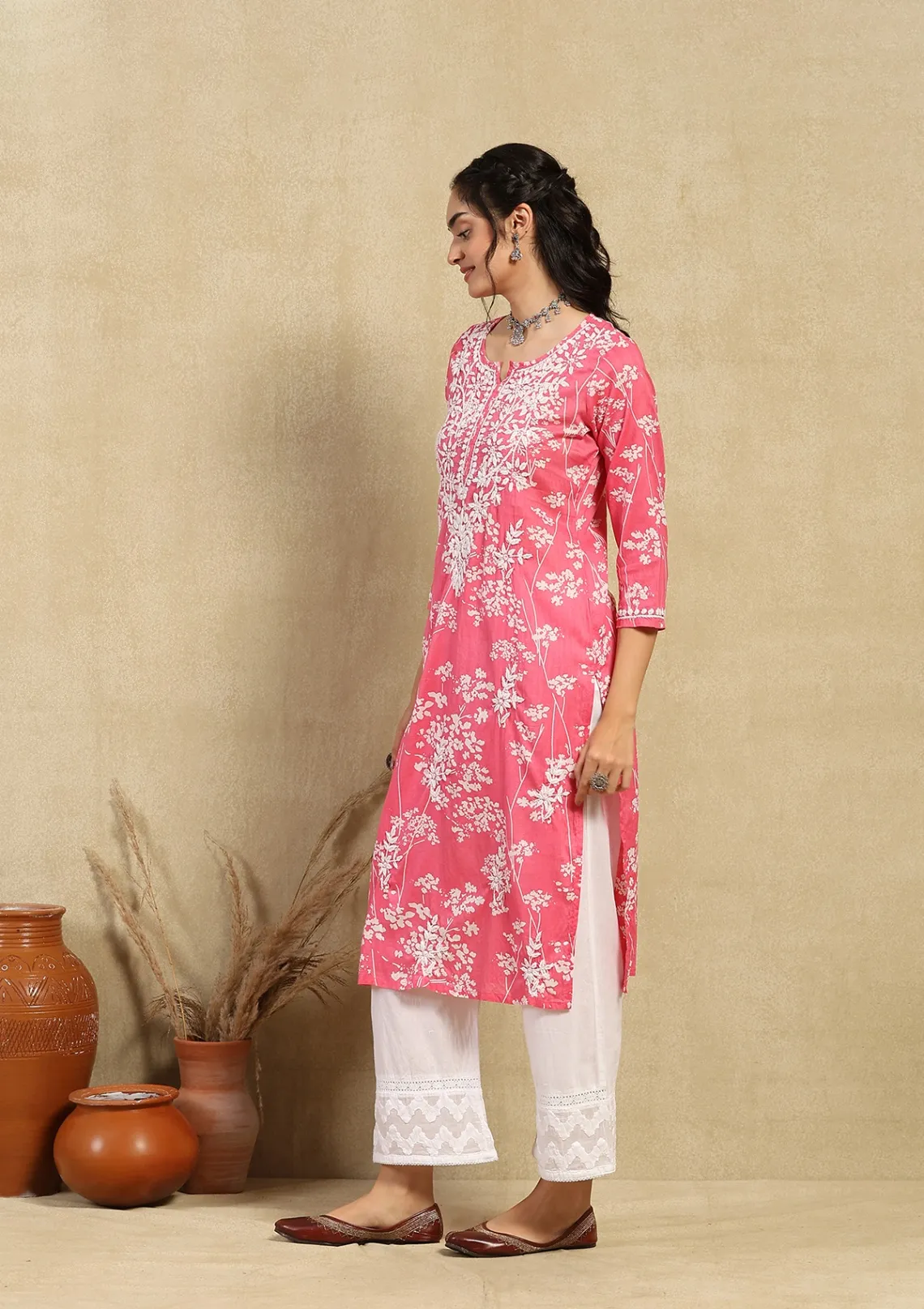 HOC Zainab Chikankari Mulmul Printed Straight Kurta -Pink - Healthber