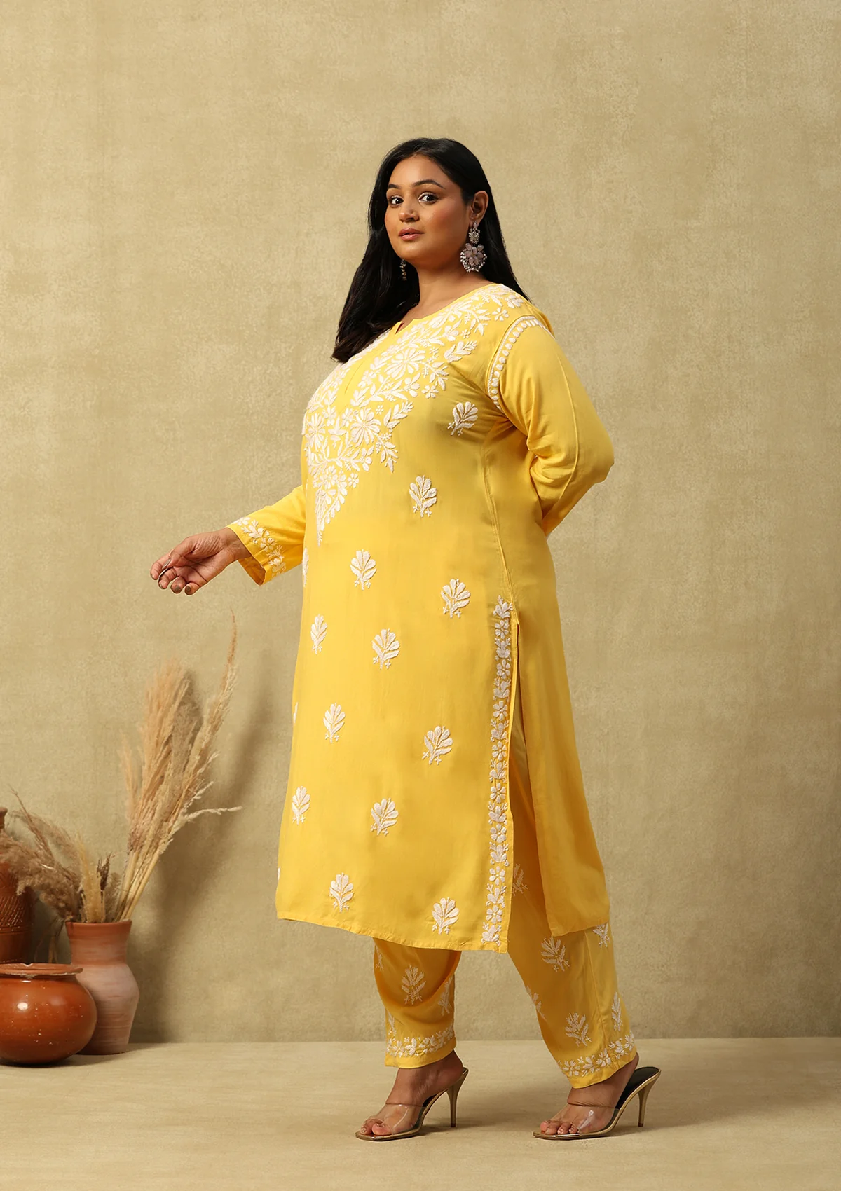 HOC Rayon Chikankari Solid Women's 2 PC Long Kurta Set-Yellow - Healthber
