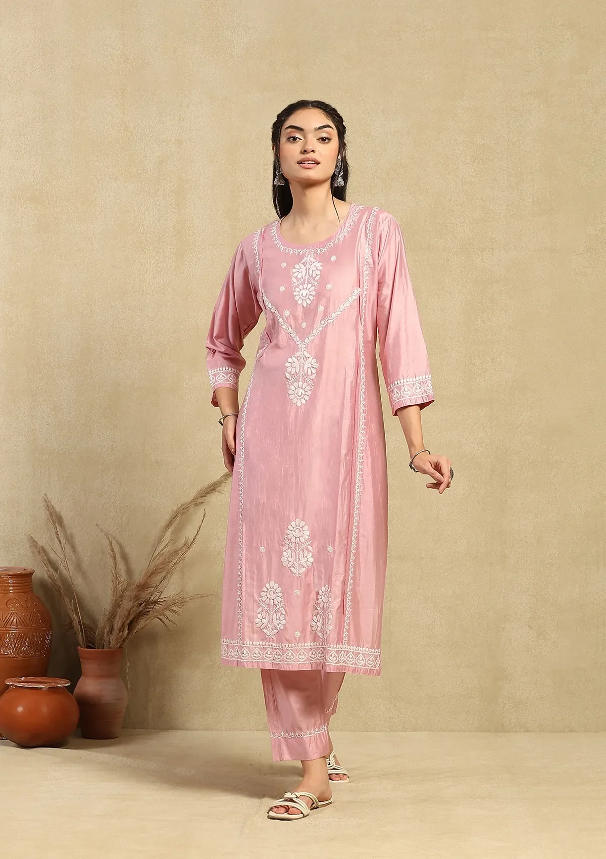 HOC Chanderi Chikankari Solid Women's 2PC Long Kurta Set -Pink - Healthber