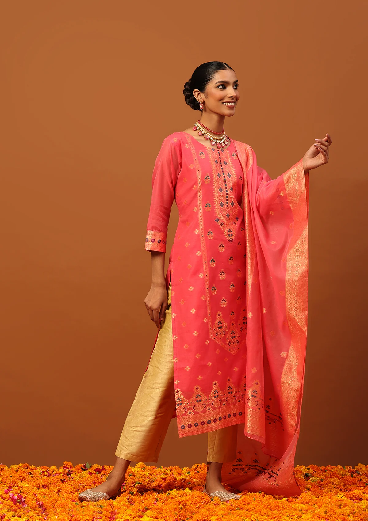 HOC Banarasi Chanderi Hand Weave Women's 3PC Long Kurta Set -Pink - Healthber