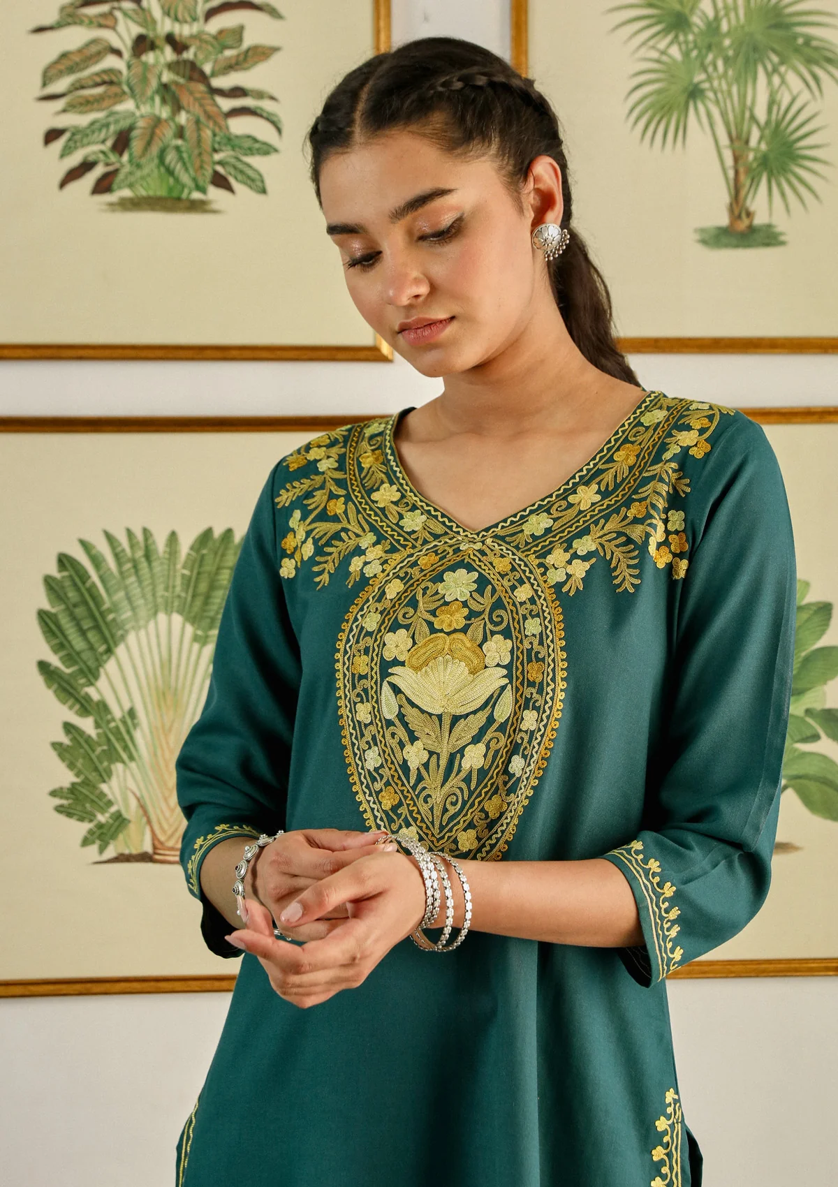 HOC Aari Embroidered Cotton Solid Women's 2PC Long Kurta Set - Teal Green - Healthber