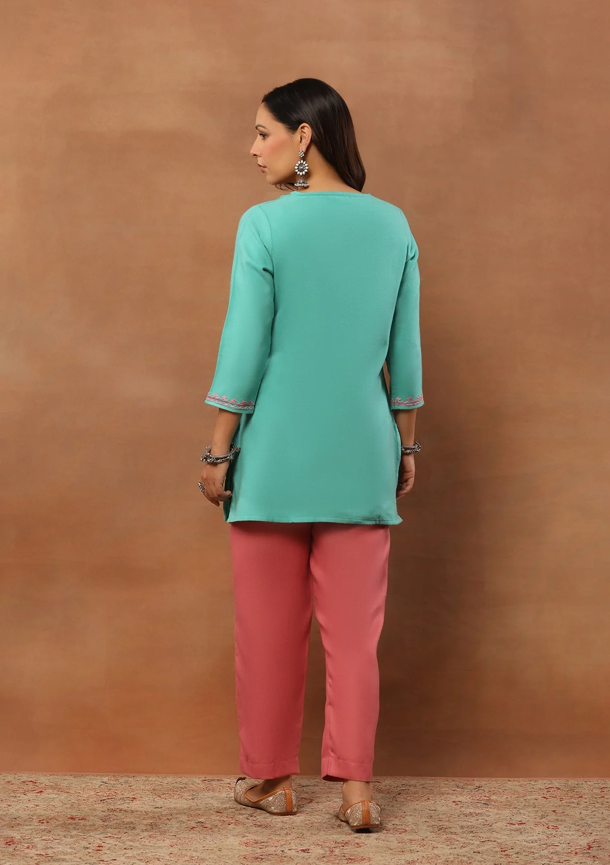 HOC Aari Embroidered Woollen Solid Women's Short Kurta - Turquoise Blue - Healthber